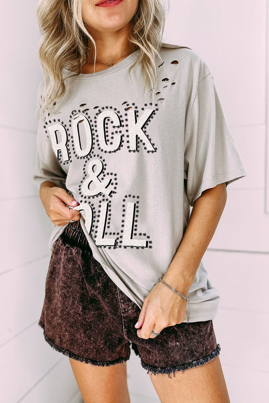 Gray Rock & Roll Graphic Distressed Vintage Tee-Tops/Tops & Tees-[Adult]-[Female]-Gray-S-2022 Online Blue Zone Planet