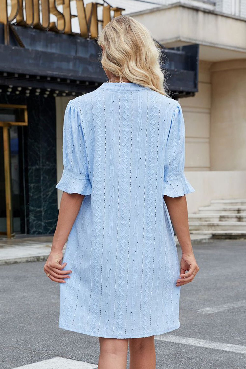 Beau Blue Jacquard Texture Flared Short Sleeve Notched Neck Mini Dress-TOPS / DRESSES-[Adult]-[Female]-2022 Online Blue Zone Planet