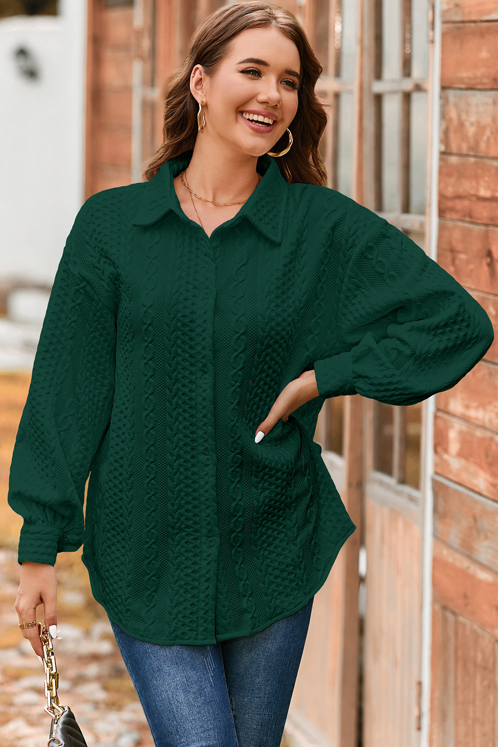 Blackish Green Cable Texture Puff Sleeve Loose Shacket-Outerwear/Jackets-[Adult]-[Female]-Blackish Green-S-2022 Online Blue Zone Planet