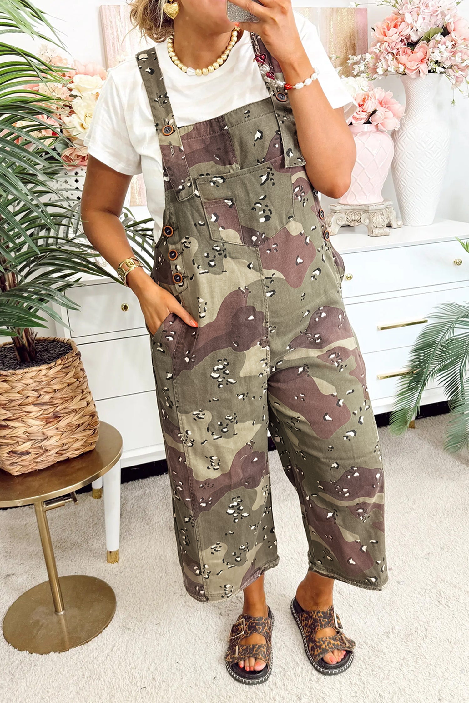 Green Camouflage Print Leopard Detail Loose Denim Overall Cropped Jumpsuit-Bottoms/Jumpsuits & Rompers-[Adult]-[Female]-Green-S-2022 Online Blue Zone Planet