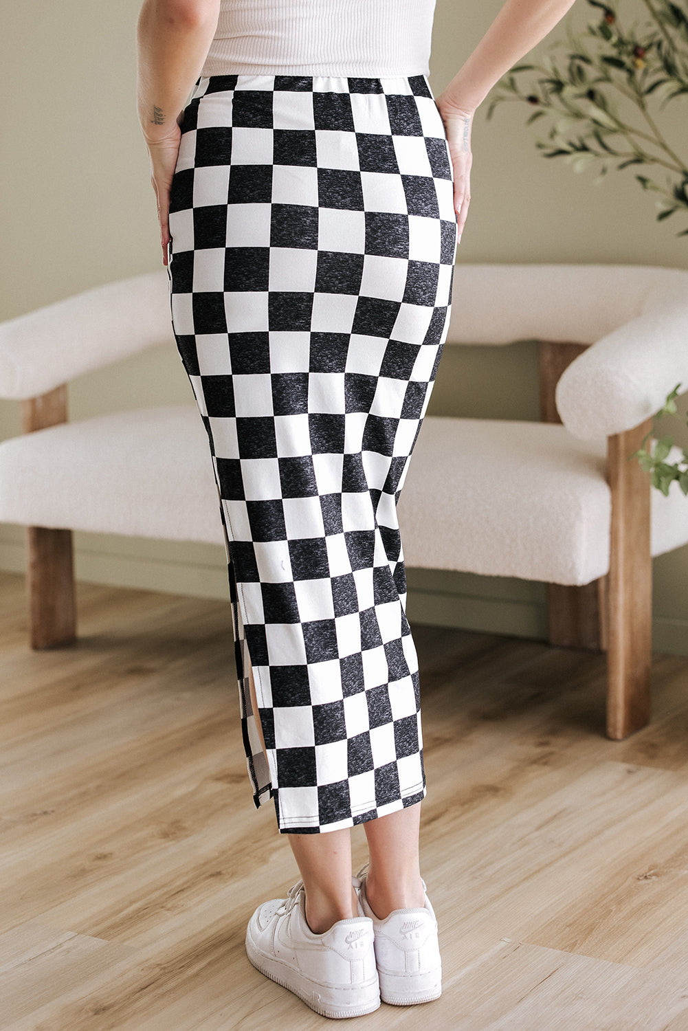 Blue Zone Planet | White Checkered Print Side Slit High Waist Midi Skirt-Bottoms/Skirts & Petticoat-[Adult]-[Female]-2022 Online Blue Zone Planet