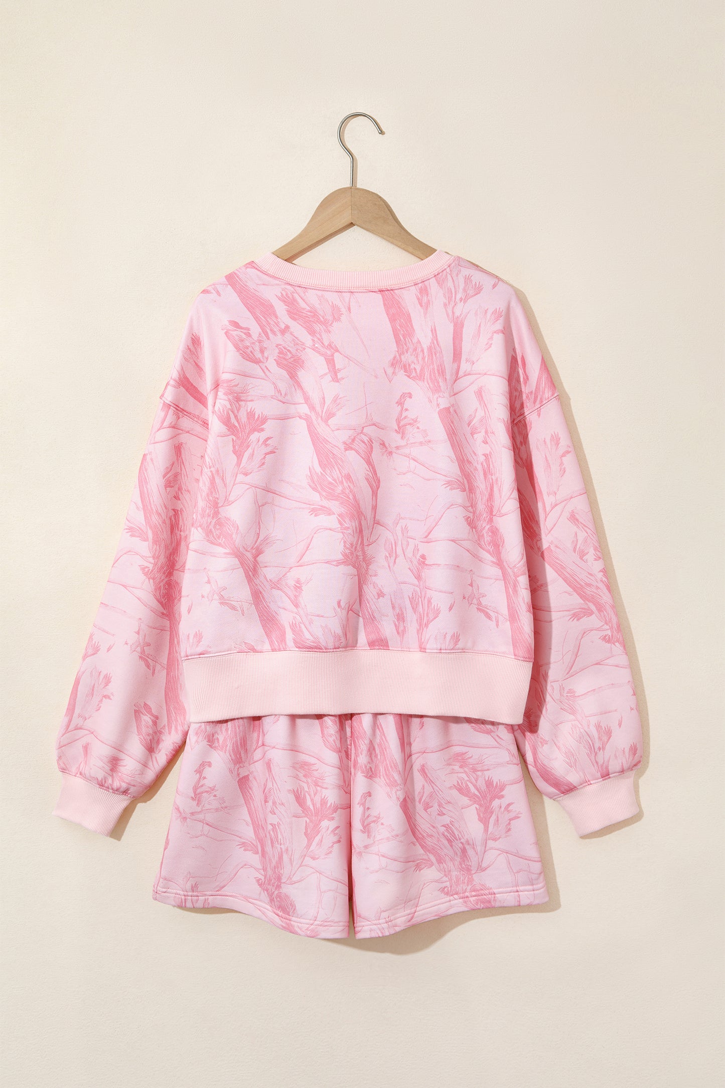 Pink Abstract Print Ribbed Crewneck Long Sleeve Top Elastic Waist Short Set-Two Piece Sets/Short Sets-[Adult]-[Female]-2022 Online Blue Zone Planet