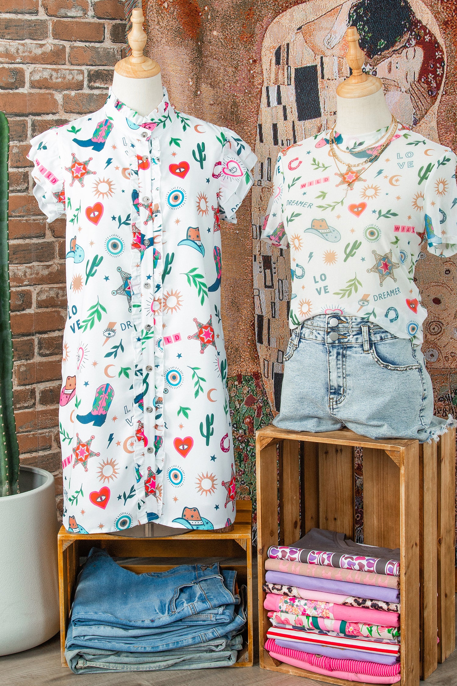 White Western Print Flutter Sleeve Button Down Mini Dress-TOPS / DRESSES-[Adult]-[Female]-2022 Online Blue Zone Planet