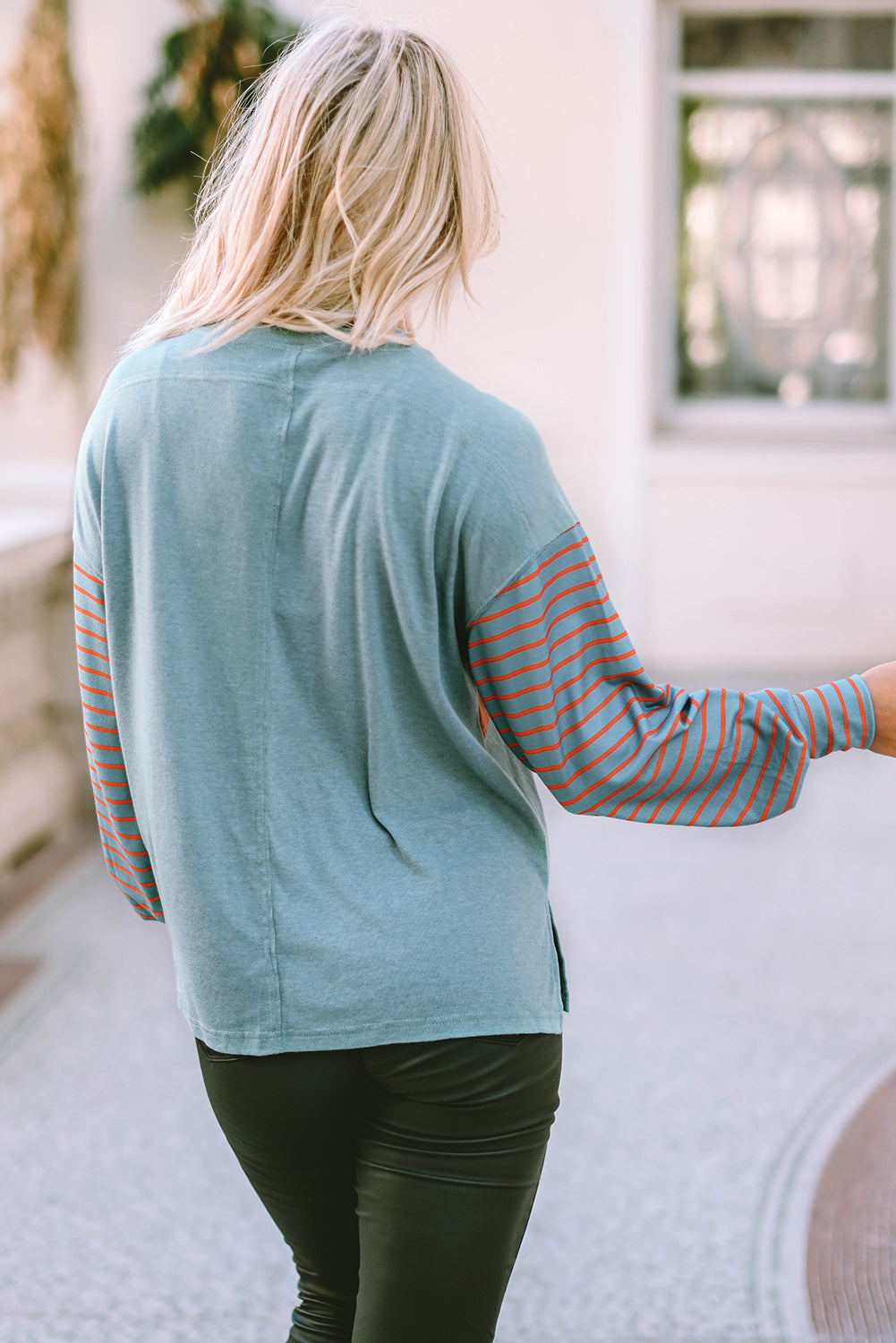Gray Colorblock Striped Bishop Sleeve Top-Tops/Long Sleeve Tops-[Adult]-[Female]-2022 Online Blue Zone Planet