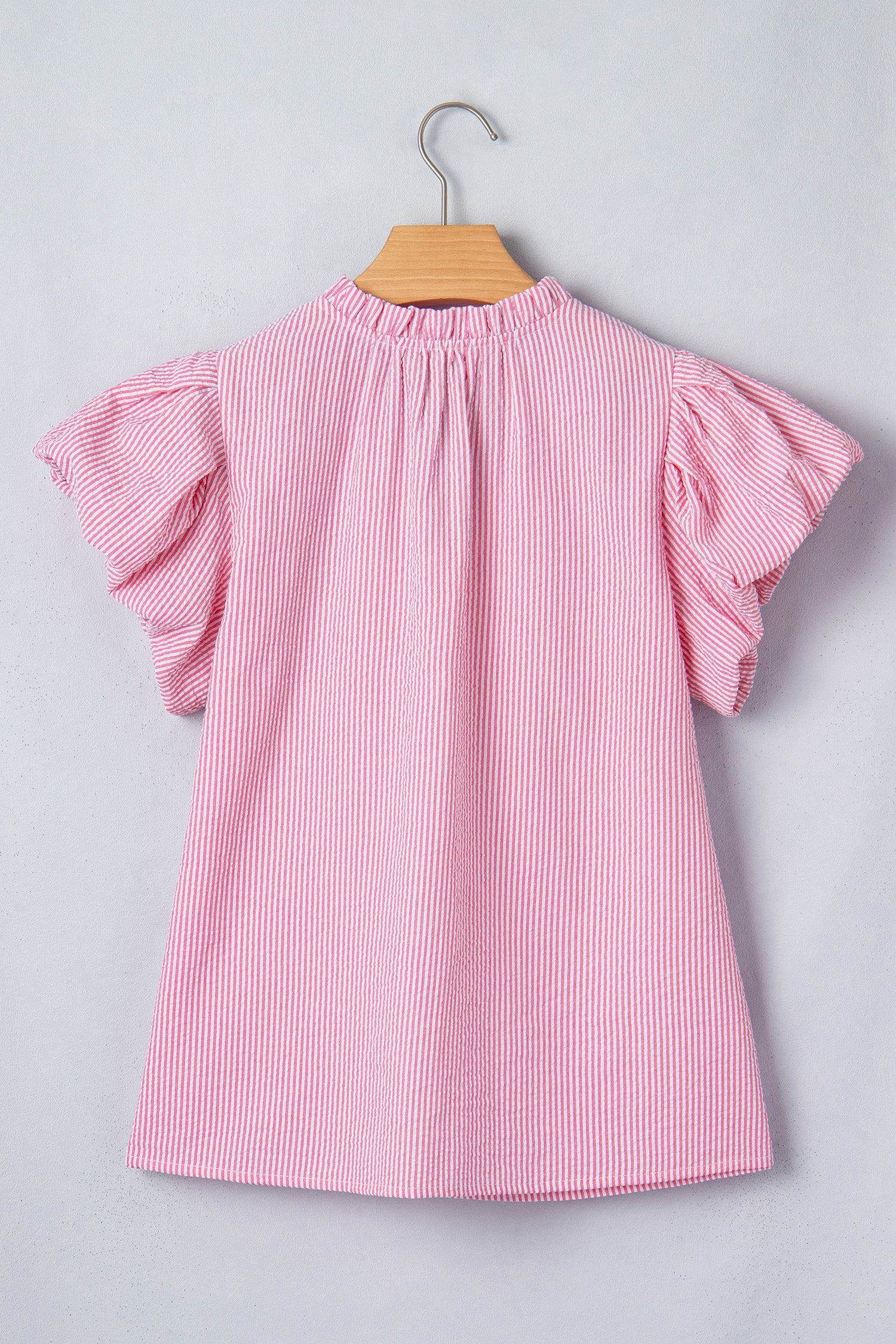 Rose Stripe Short Bubble Sleeve Split V Neck Blouse-Tops/Blouses & Shirts-[Adult]-[Female]-2022 Online Blue Zone Planet