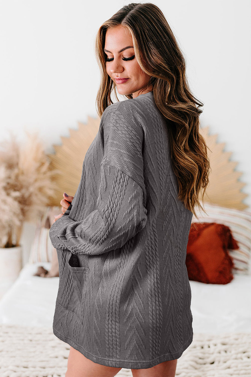 Medium Grey Solid Textured Open Front Cardigan with Pocket-Sweaters & Cardigans/Cardigans-[Adult]-[Female]-2022 Online Blue Zone Planet