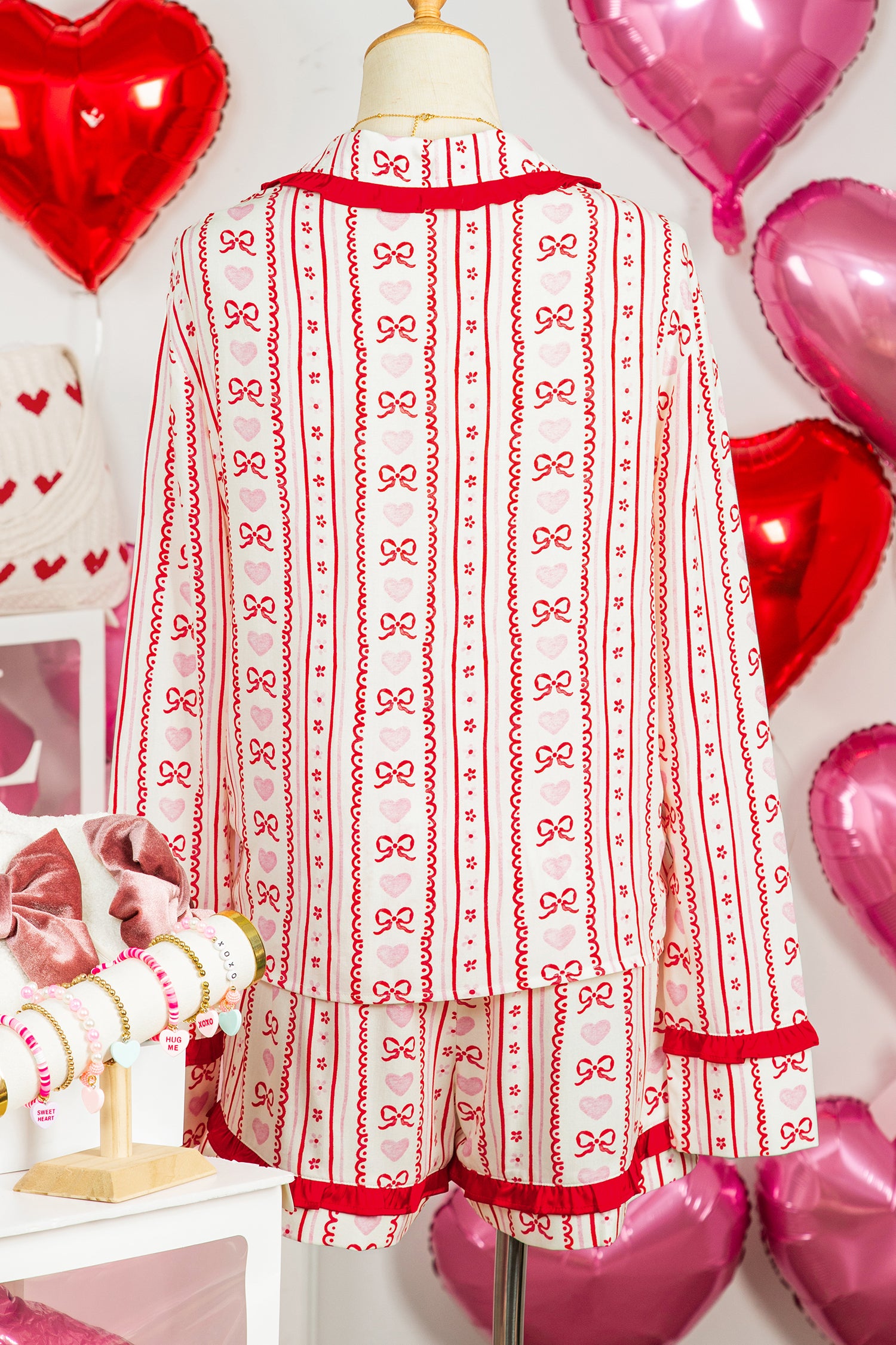 Red Sweet Floral Heart Bow Print Contrast Trim Long Sleeve Shirt Pajama Short Set-Loungewear & Sleepwear/Sleepwear-[Adult]-[Female]-2022 Online Blue Zone Planet