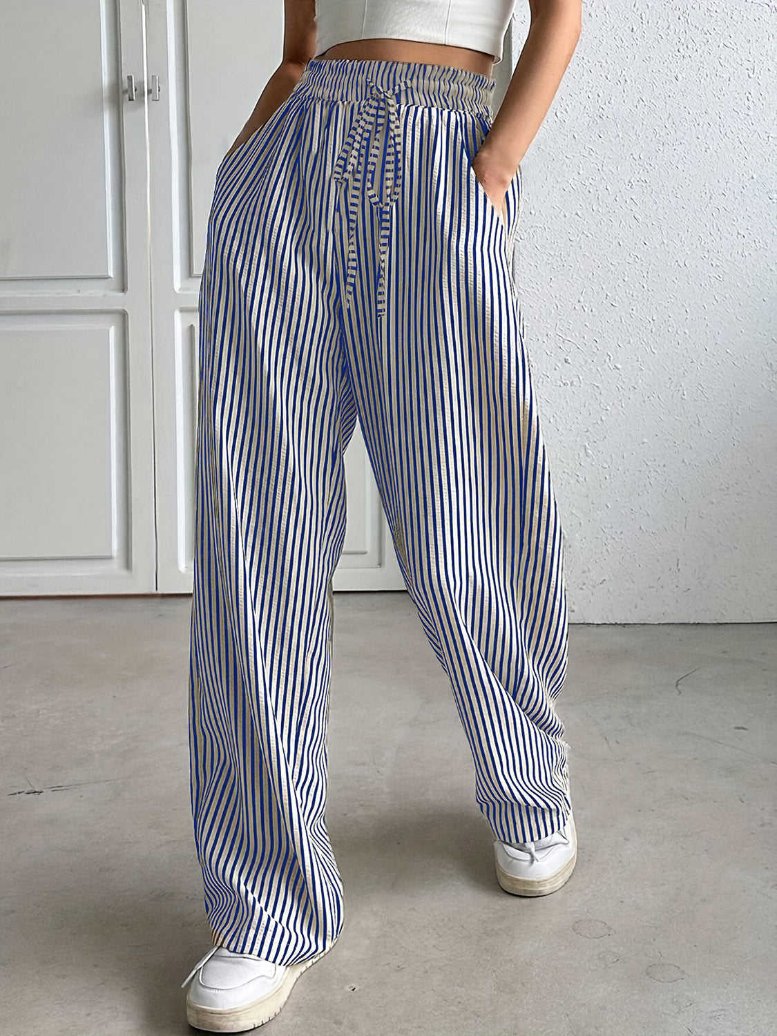 Drawstring Striped Elastic Waist Pants-BOTTOMS SIZES SMALL MEDIUM LARGE-[Adult]-[Female]-Blue-S-2022 Online Blue Zone Planet