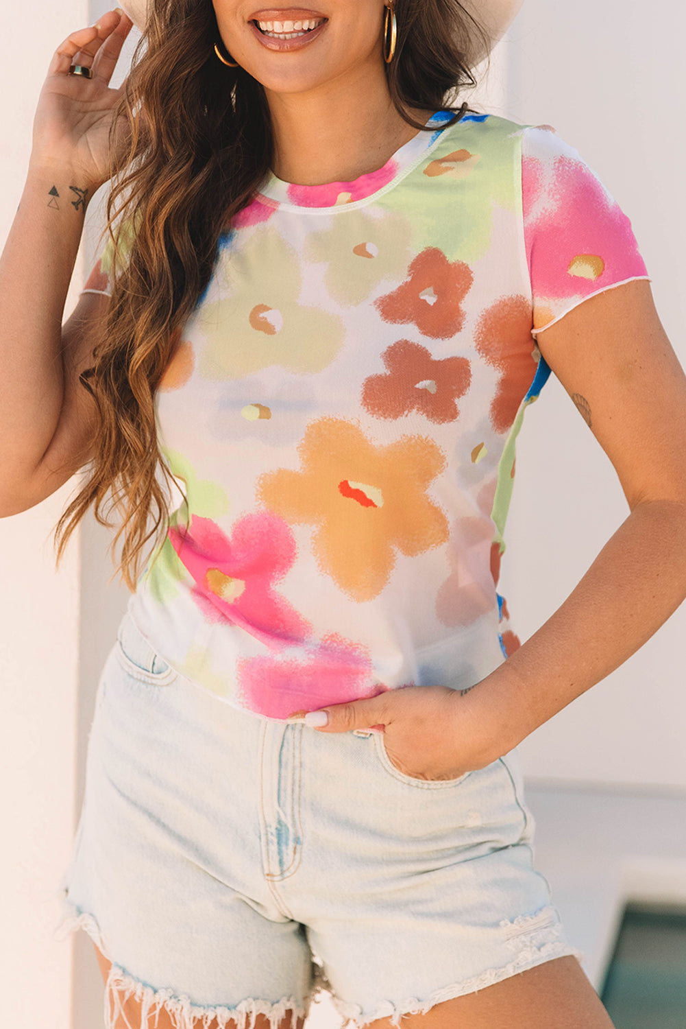 Multicolour Floral Mesh Lettuce Trim Cropped T Shirt-Tops/Tops & Tees-[Adult]-[Female]-2022 Online Blue Zone Planet
