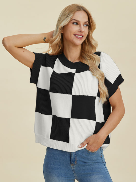 Double Take Full Size Checkered Round Neck Short Sleeve Sweater-TOPS / DRESSES-[Adult]-[Female]-2022 Online Blue Zone Planet