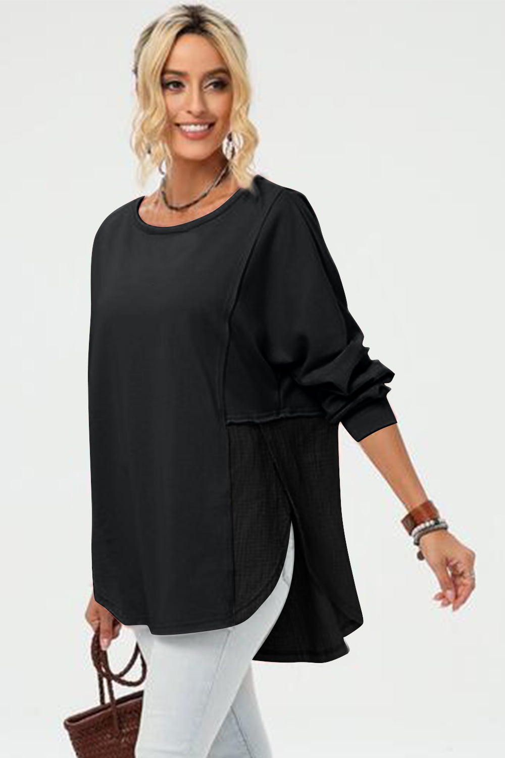 Double Take Full Size Long Sleeve High-Low T-Shirt-TOPS / DRESSES-[Adult]-[Female]-Black-S-2022 Online Blue Zone Planet