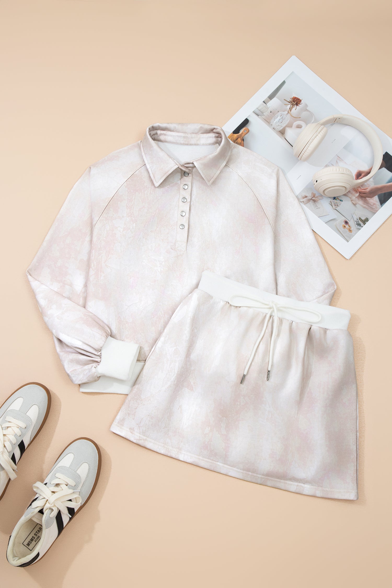 White Abstract Woodland Print Balloon Sleeve Pullover Drawstring Mini Skirt Set-Two Piece Sets/Two Piece Dresses-[Adult]-[Female]-2022 Online Blue Zone Planet