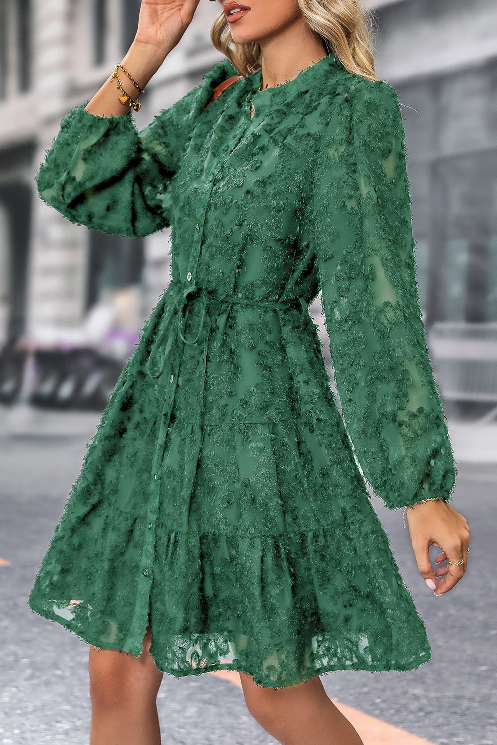 Blue Zone Planet | Dark Green Jacquard Long Sleeve Dress-TOPS / DRESSES-[Adult]-[Female]-2022 Online Blue Zone Planet