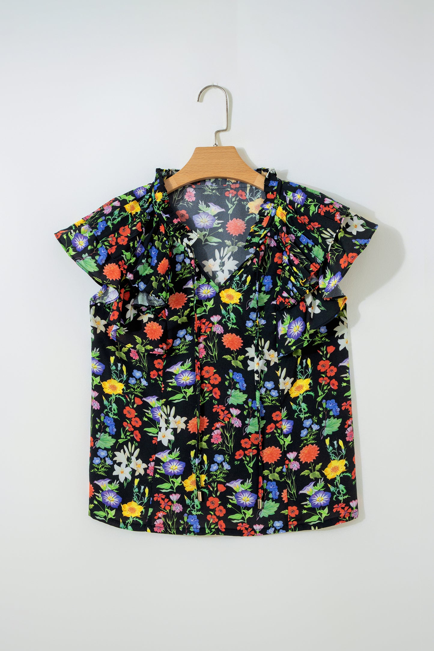 Black Tiered Flutter Sleeve V Neck Flower Blouse-Tops/Blouses & Shirts-[Adult]-[Female]-2022 Online Blue Zone Planet