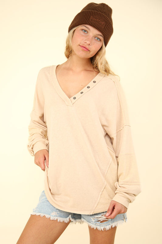 VERY J Washed V-Neck Exposed Seam Knit Top-[Adult]-[Female]-Beige-S-2022 Online Blue Zone Planet