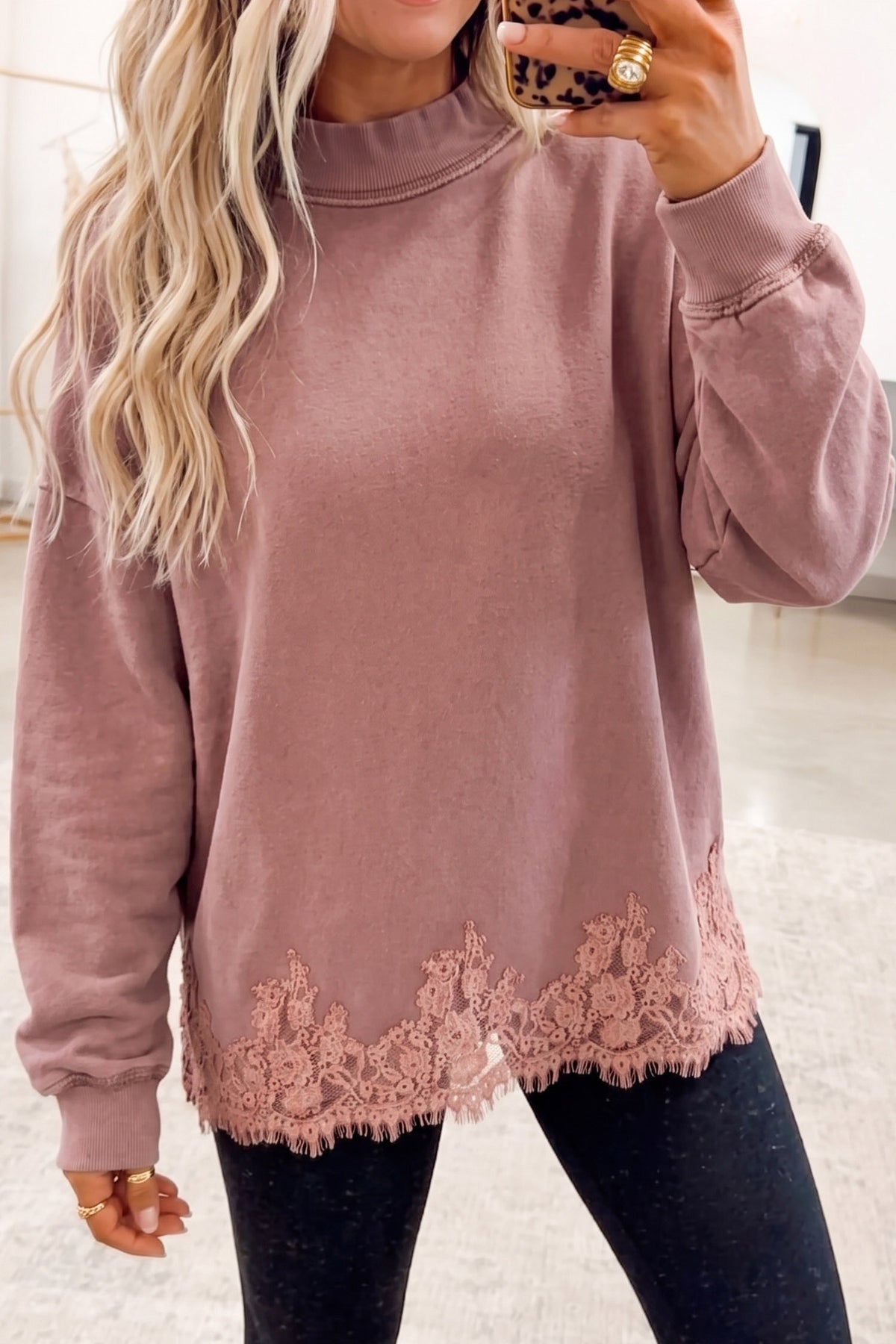 Fushia Solid Color Lace Splicing Hem Mock Neck Pullover Sweatshirt-Tops/Sweatshirts & Hoodies-[Adult]-[Female]-Fushia-S-2022 Online Blue Zone Planet