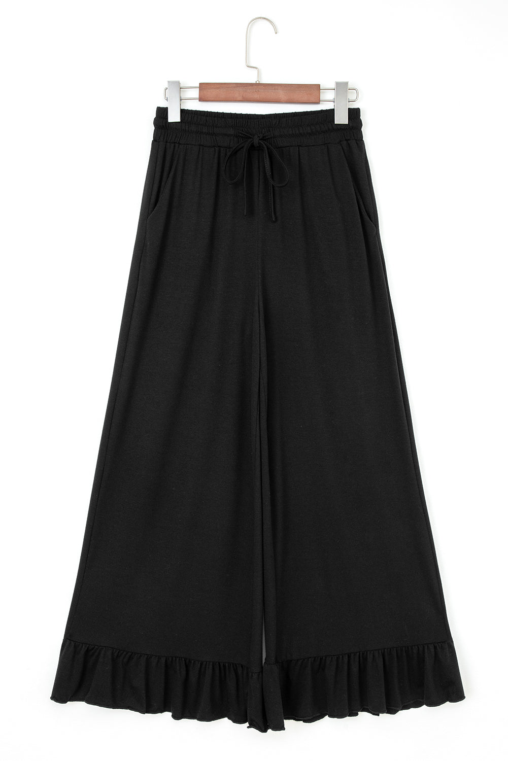 Black Ruffled Wide Leg Pull On High Waist Pants With Pockets-Bottoms/Pants & Culotte-[Adult]-[Female]-2022 Online Blue Zone Planet