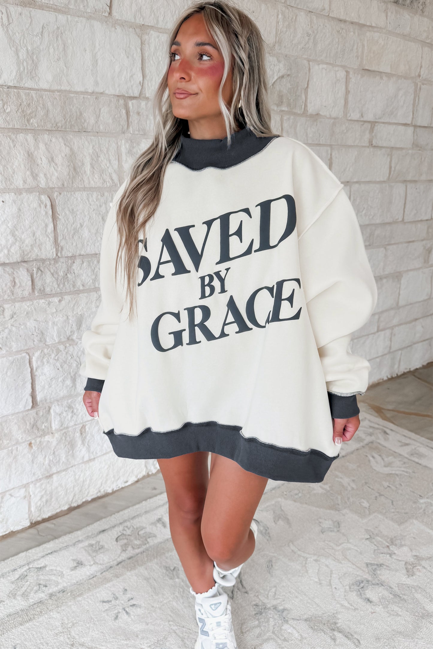 Beige Saved By Grace Print Color Block Mock Neck Oversized Sweatshirt-Tops/Sweatshirts & Hoodies-[Adult]-[Female]-2022 Online Blue Zone Planet