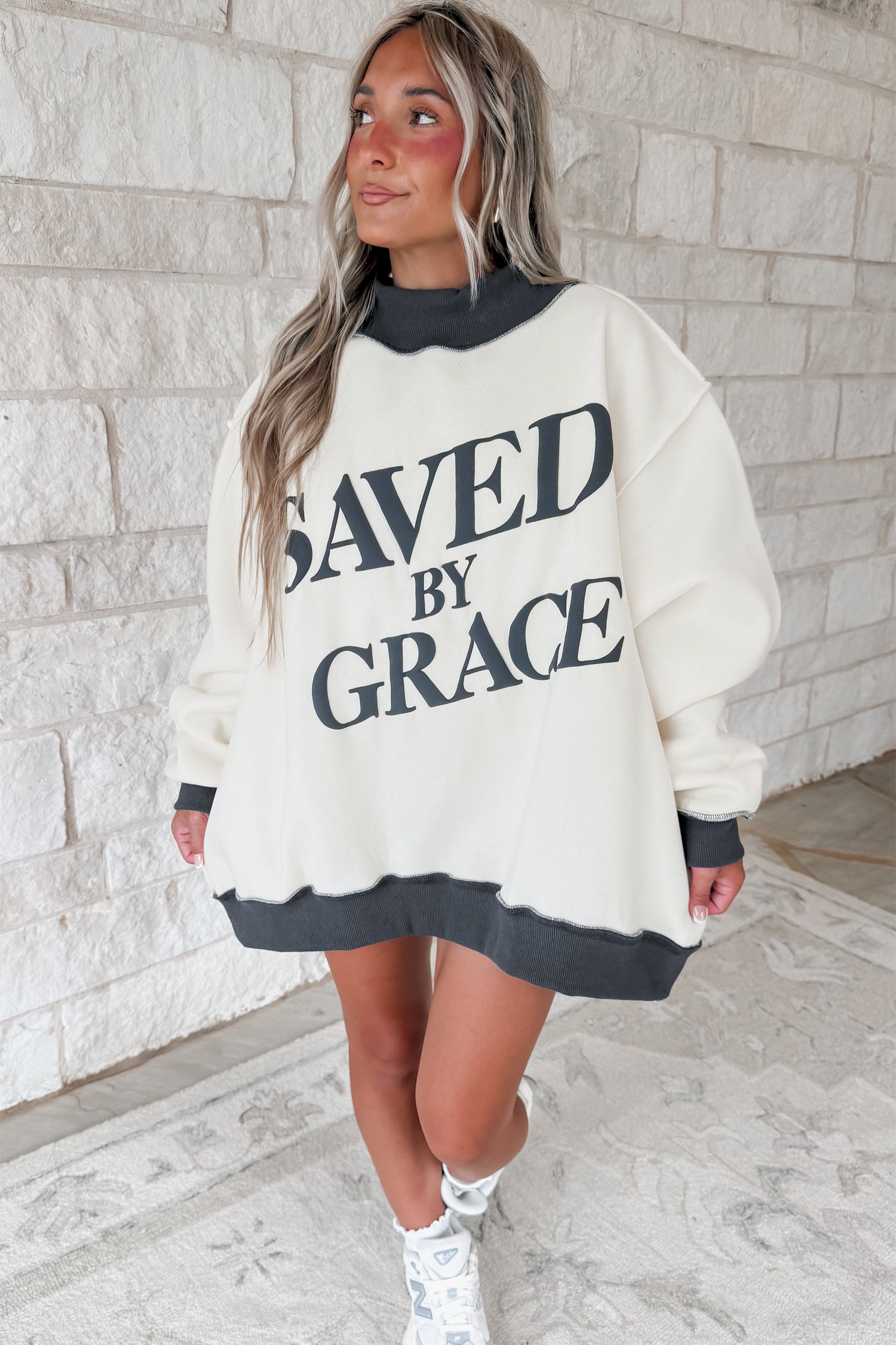 Beige Saved By Grace Print Color Block Mock Neck Oversized Sweatshirt-Tops/Sweatshirts & Hoodies-[Adult]-[Female]-2022 Online Blue Zone Planet