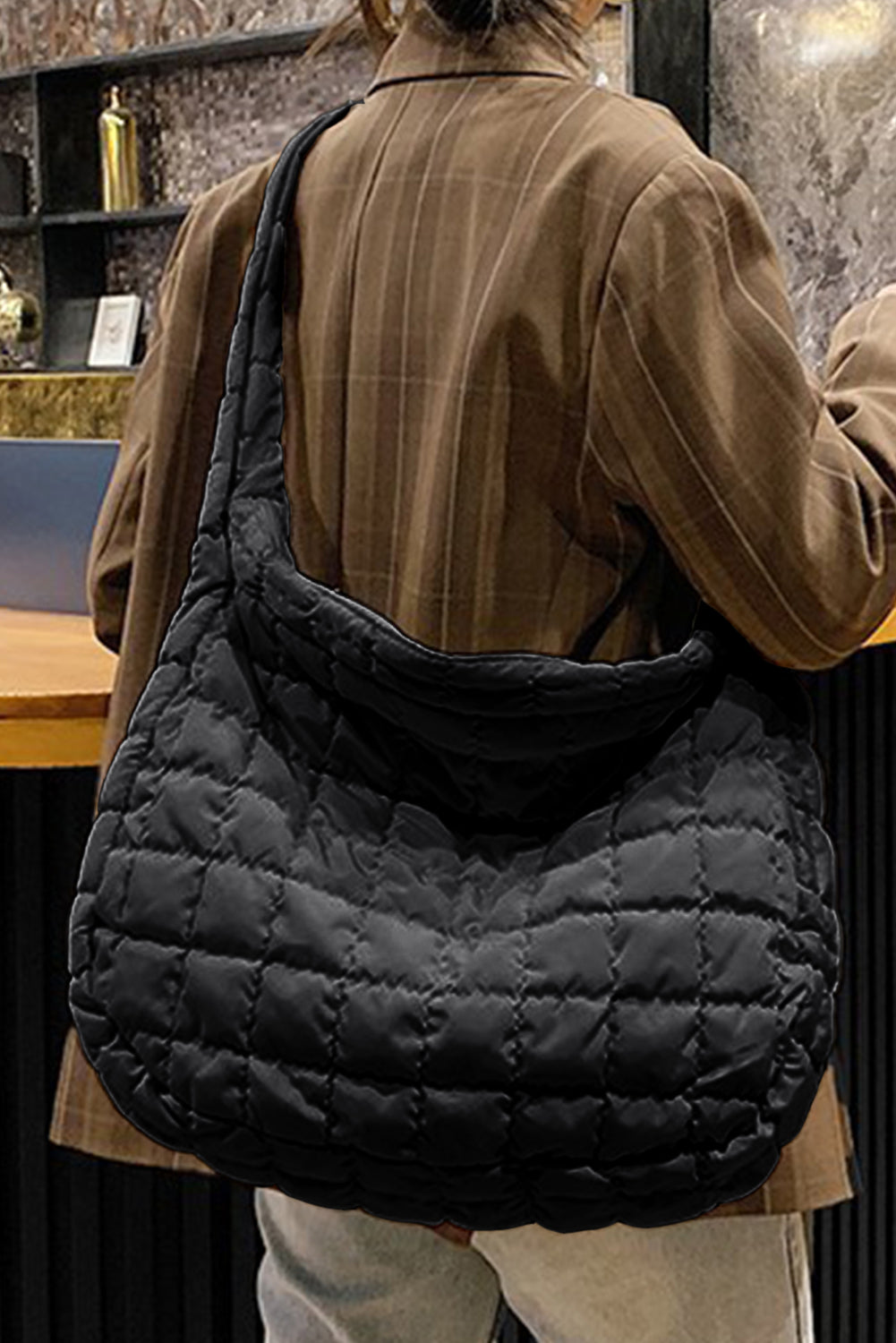 Black Quilted Zipper Large Shoulder Bag-Shoes & Bags/Shoulder Bags-[Adult]-[Female]-Black-ONE SIZE-2022 Online Blue Zone Planet