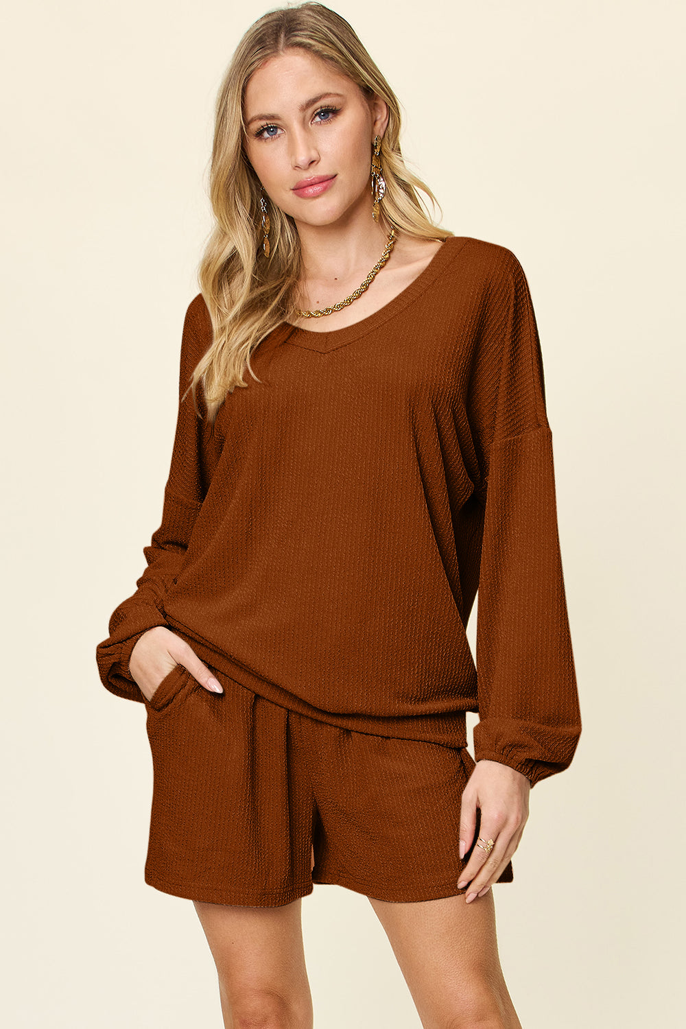 Blue Zone Planet | Double Take Full Size Texture V-Neck Long Sleeve T-Shirt and Shorts Set-TOPS / DRESSES-[Adult]-[Female]-Caramel-S-2022 Online Blue Zone Planet