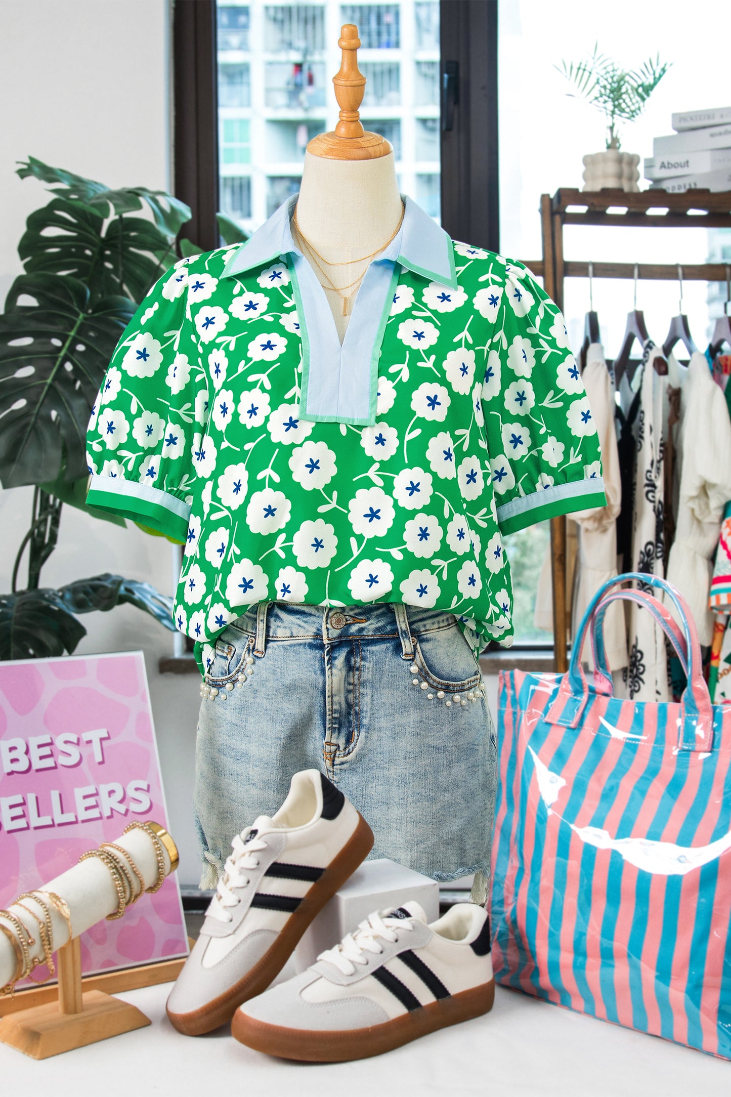 Green Flower Printed Contrast Patchwork Collar Short Sleeve Blouse-Tops/Blouses & Shirts-[Adult]-[Female]-2022 Online Blue Zone Planet