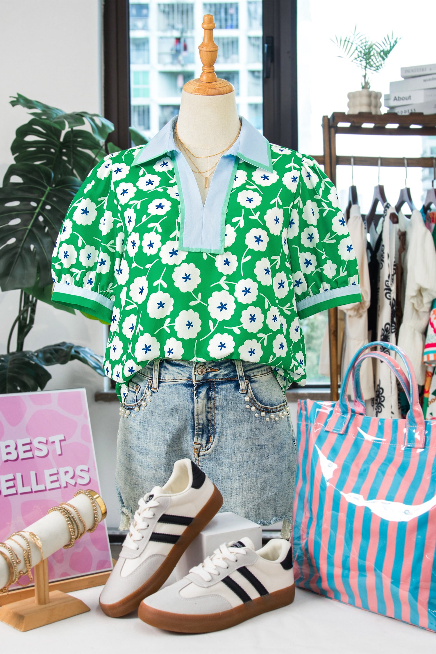 Green Flower Printed Contrast Patchwork Collar Short Sleeve Blouse-Tops/Blouses & Shirts-[Adult]-[Female]-2022 Online Blue Zone Planet