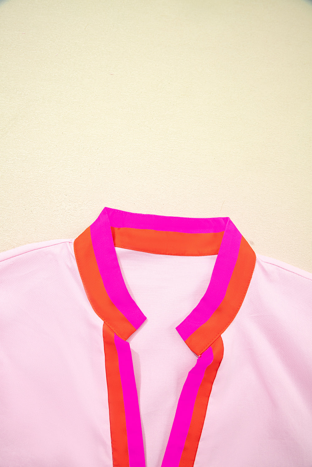 Pink Contrast Striped V Neck Collision Short Puff Sleeve Blouse-Tops/Blouses & Shirts-[Adult]-[Female]-2022 Online Blue Zone Planet