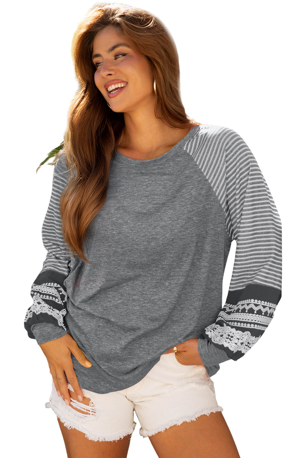 Tillandsia Purple Contrast Print Striped Raglan Long Sleeve Loose Top-Tops/Long Sleeve Tops-[Adult]-[Female]-2022 Online Blue Zone Planet