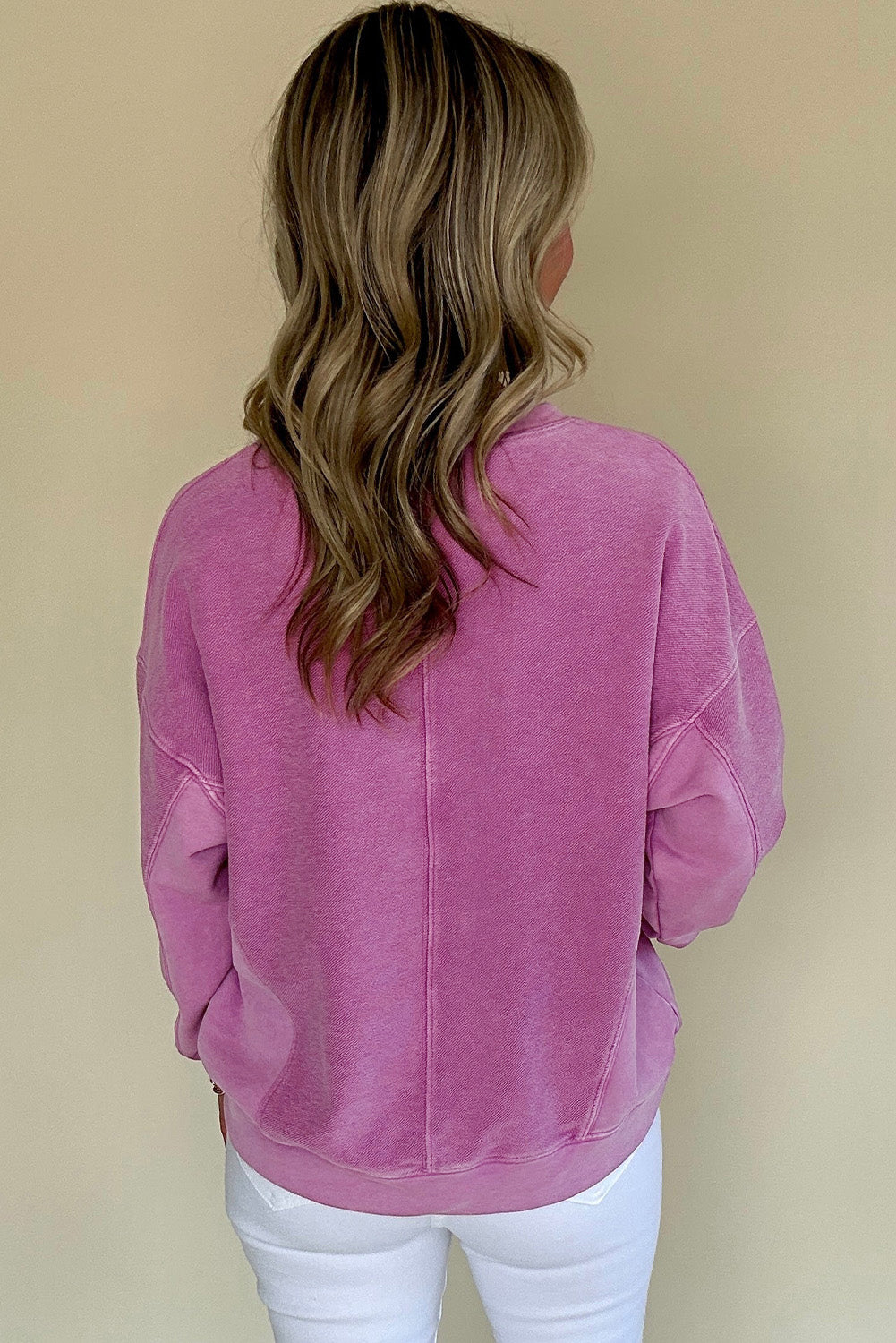 Blue Zone Planet | Bright Pink Solid Color Notched Neck Drop Shoulder Sweatshirt-Tops/Sweatshirts & Hoodies-[Adult]-[Female]-2022 Online Blue Zone Planet