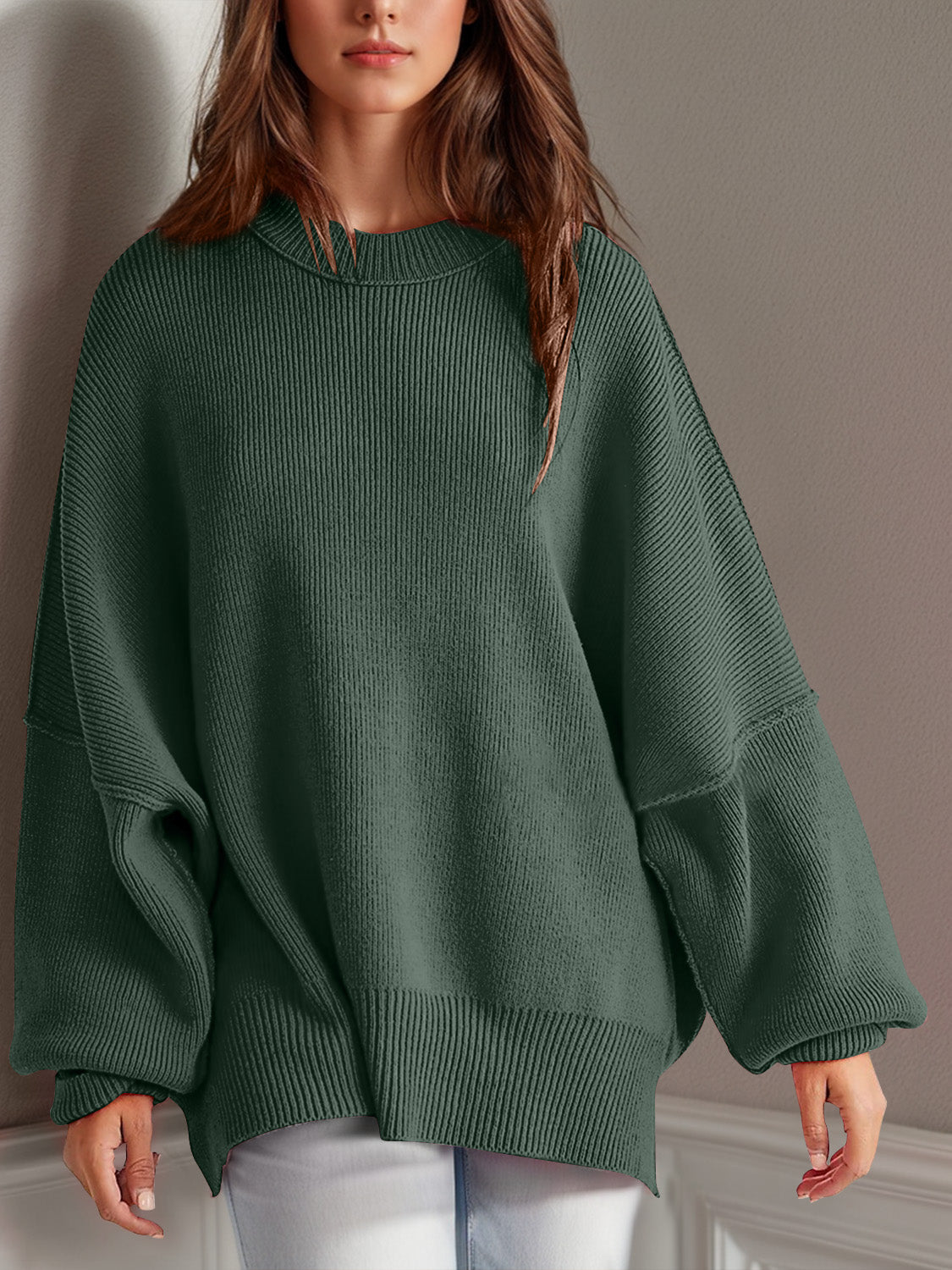 Blue Zone Planet | Double Take Side Slit Round Neck Long Sleeve Sweater-TOPS / DRESSES-[Adult]-[Female]-Moss-S-2022 Online Blue Zone Planet