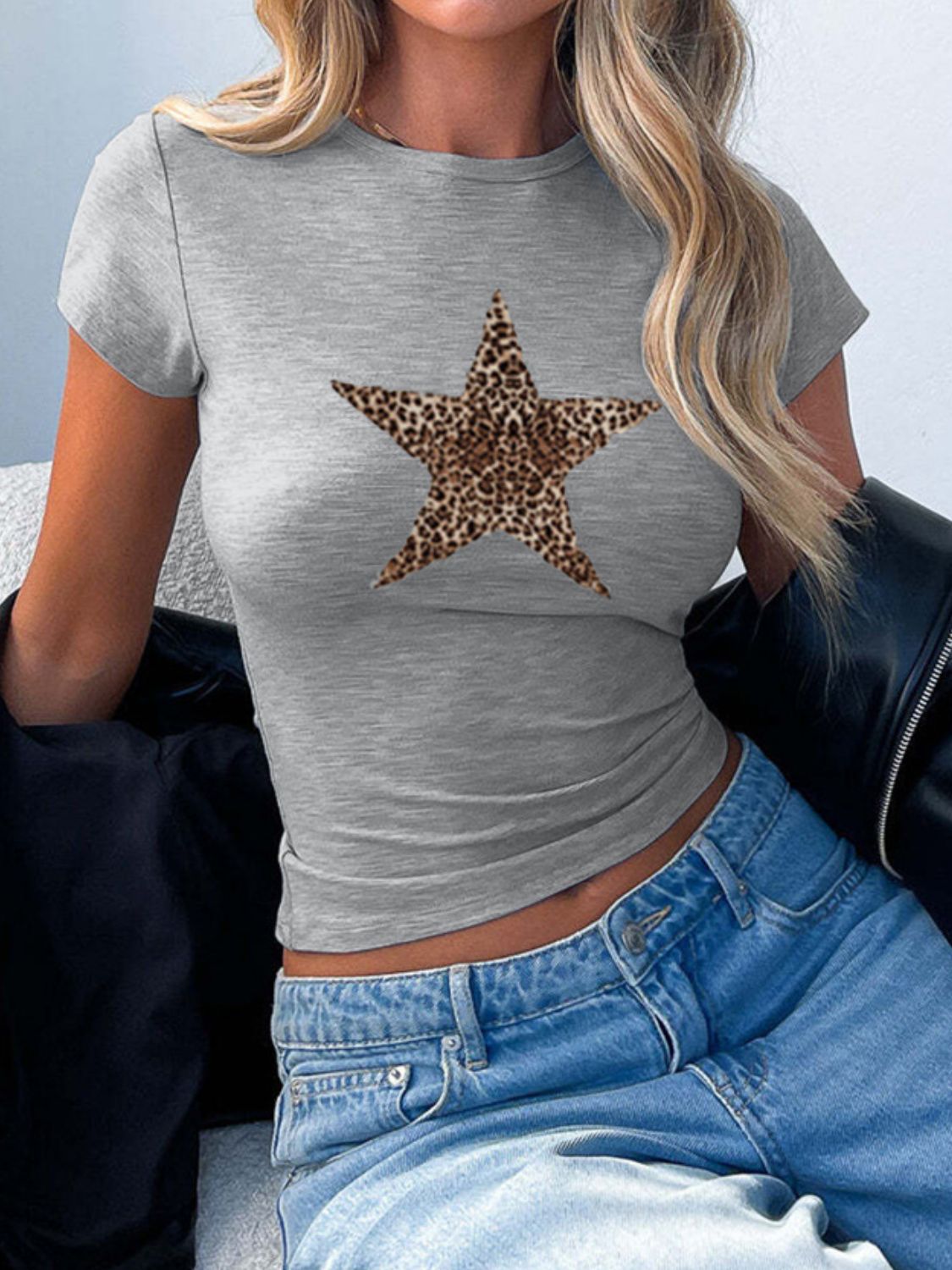 Devine Star Round Neck Short Sleeve T-Shirt-TOPS / DRESSES-[Adult]-[Female]-Gray-S-2022 Online Blue Zone Planet