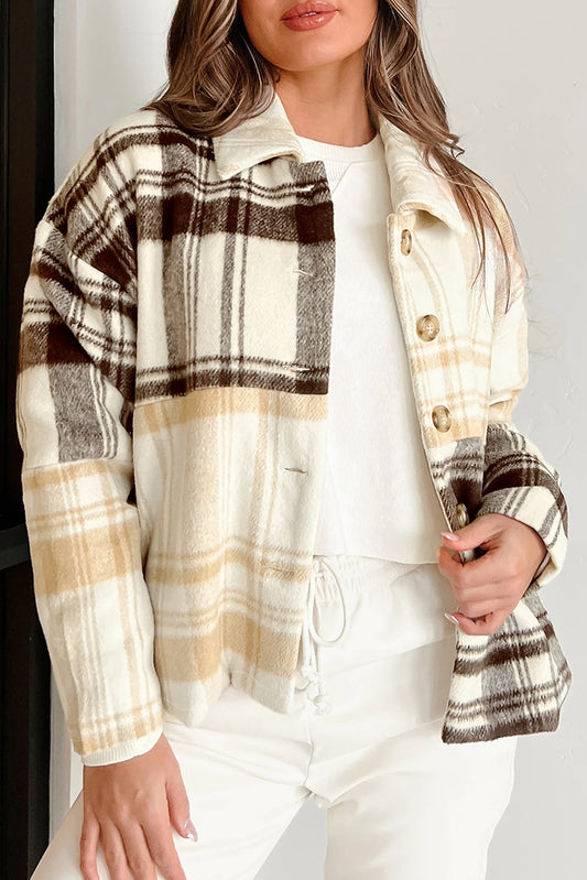 Multicolour Plaid Patchwork Side Pockets Buttoned Shacket-Outerwear/Plaid Shackets-[Adult]-[Female]-Multicolour-S-2022 Online Blue Zone Planet