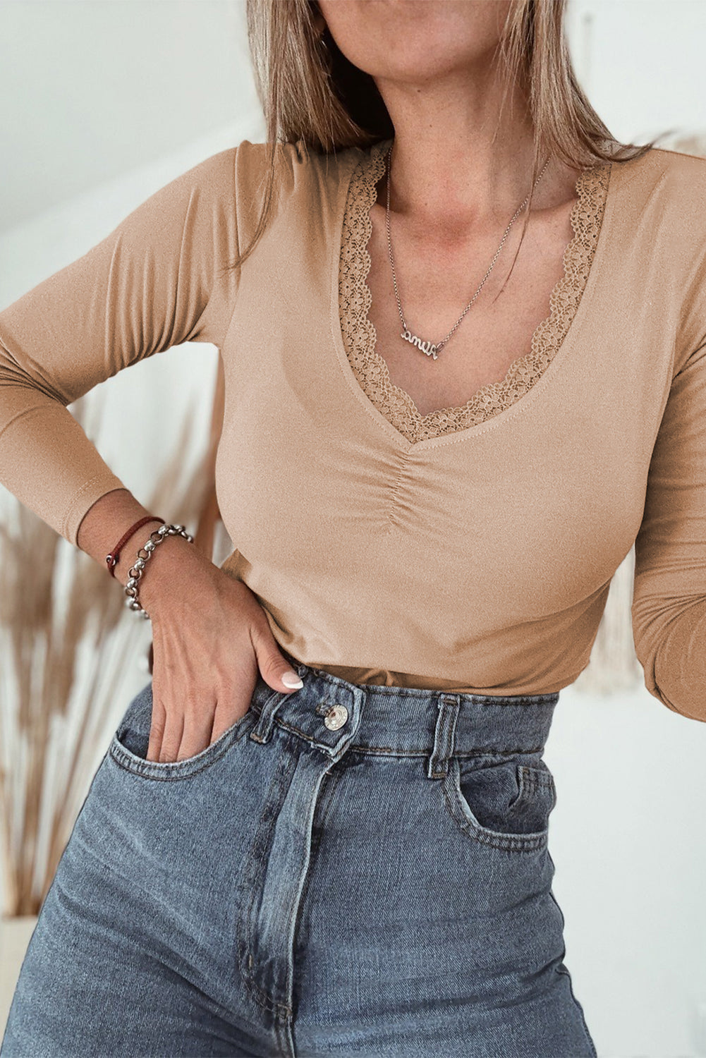 Smoke Gray Lace-trimmed Sweetheart Neckline Ruched Detail Long Sleeve T-shirt-Tops/Long Sleeve Tops-[Adult]-[Female]-2022 Online Blue Zone Planet