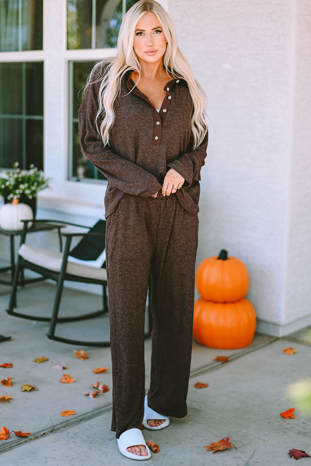 Brown Ribbed Knit Collared Henley Top and Pants Lounge Outfit-Loungewear & Sleepwear/Loungewear-[Adult]-[Female]-Brown-S-2022 Online Blue Zone Planet