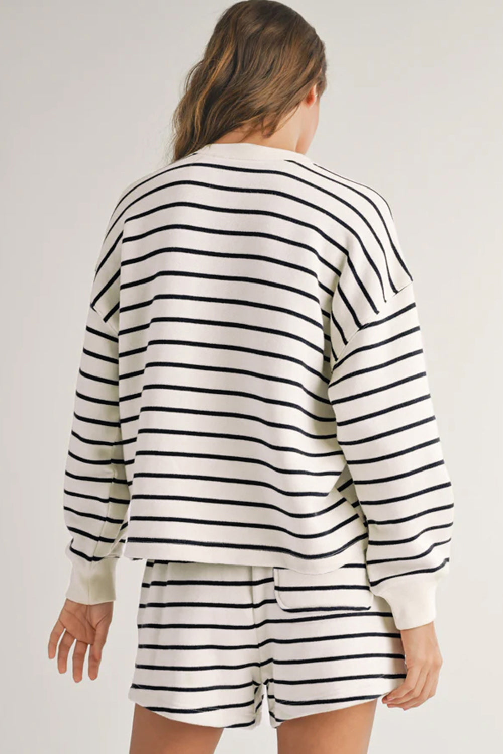 Black White Stripes Printed Half Button Long Sleeve Top And Shorts Set-Two Piece Sets/Short Sets-[Adult]-[Female]-2022 Online Blue Zone Planet