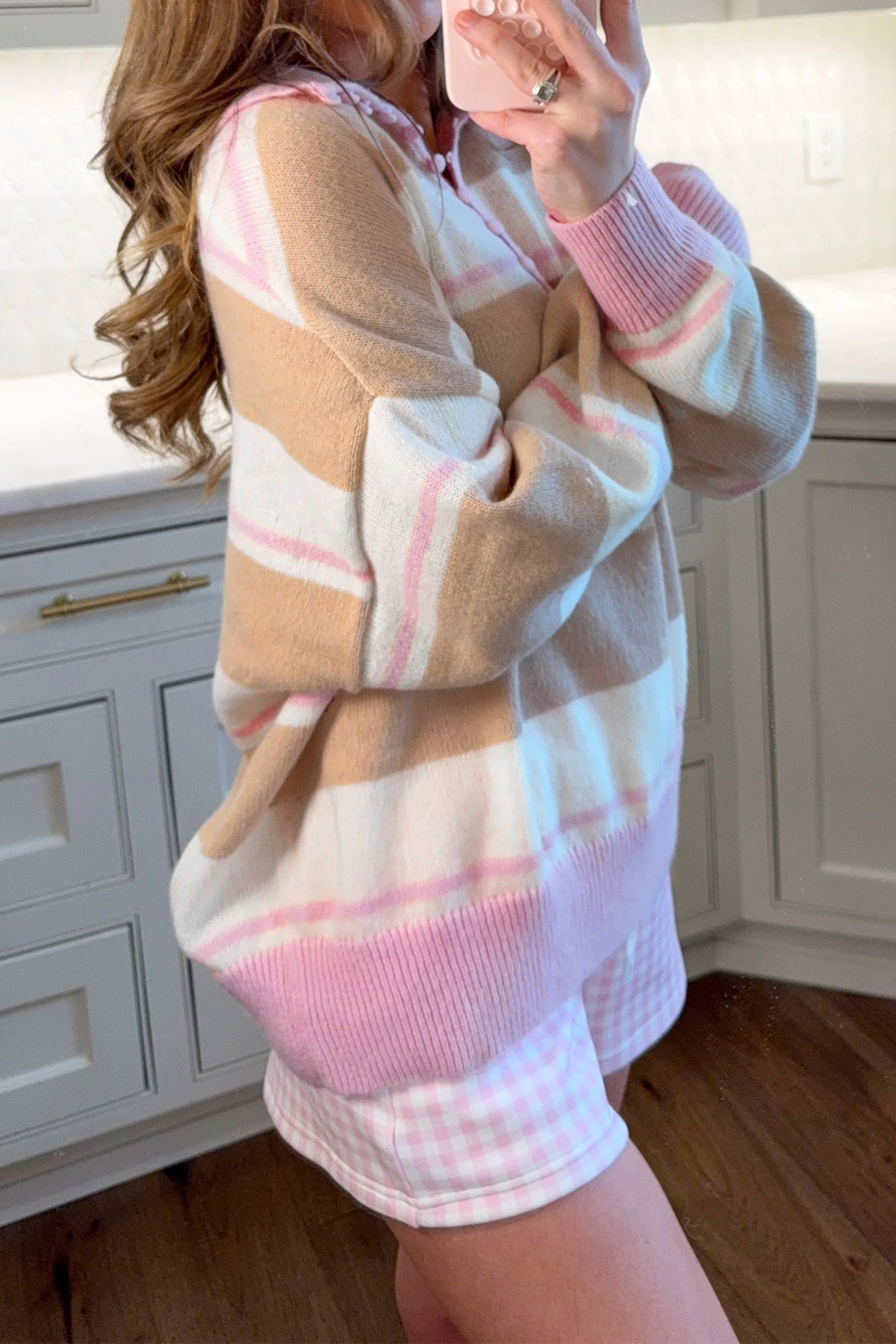 Pink Stripe Striped Colorblock V Neck Long Sleeve Tunic Sweater-Plus Size/Plus Size Sweaters & Cardigans-[Adult]-[Female]-2022 Online Blue Zone Planet