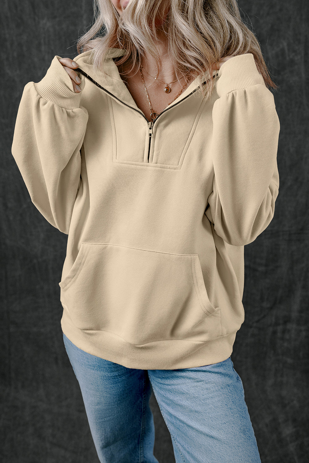 Smoke Gray Zip-up Stand Neck Kangaroo Pocket Sweatshirt-Tops/Sweatshirts & Hoodies-[Adult]-[Female]-2022 Online Blue Zone Planet