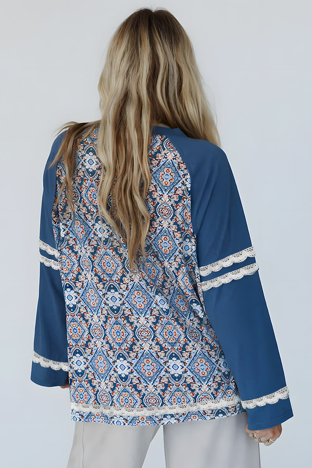 Blue Geometric Printed Lace Patchwork Ric Rac Raglan Long Sleeve Top-Tops/Long Sleeve Tops-[Adult]-[Female]-2022 Online Blue Zone Planet