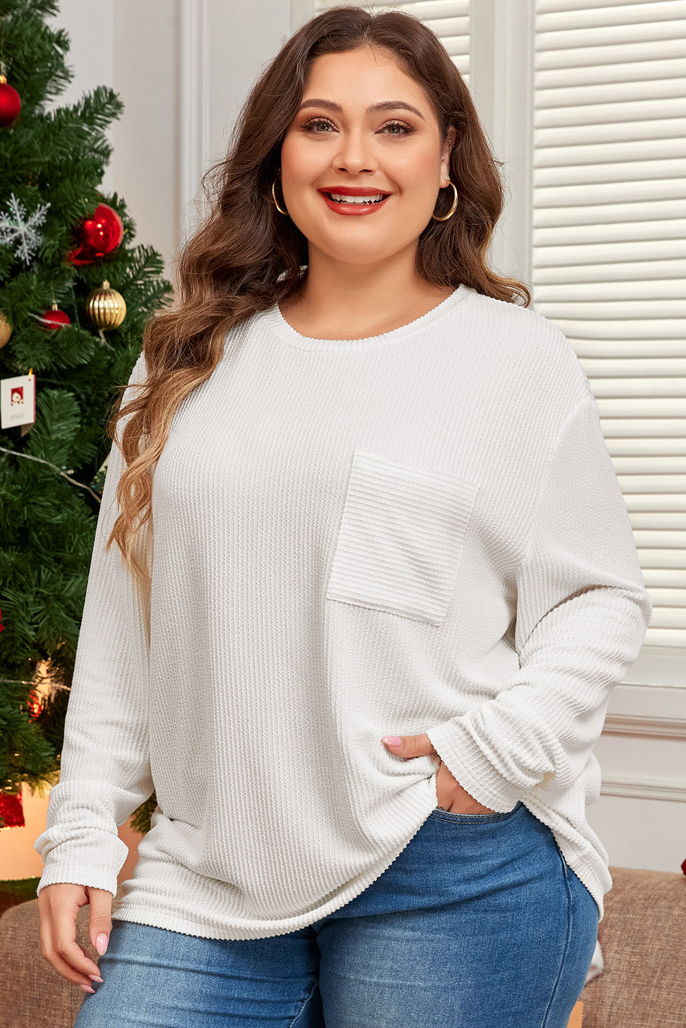 Peach Blossom Plus Size Ribbed Textured Long Sleeve T Shirt-Plus Size/Plus Size Tops/Plus Size Long Sleeve Tops-[Adult]-[Female]-2022 Online Blue Zone Planet