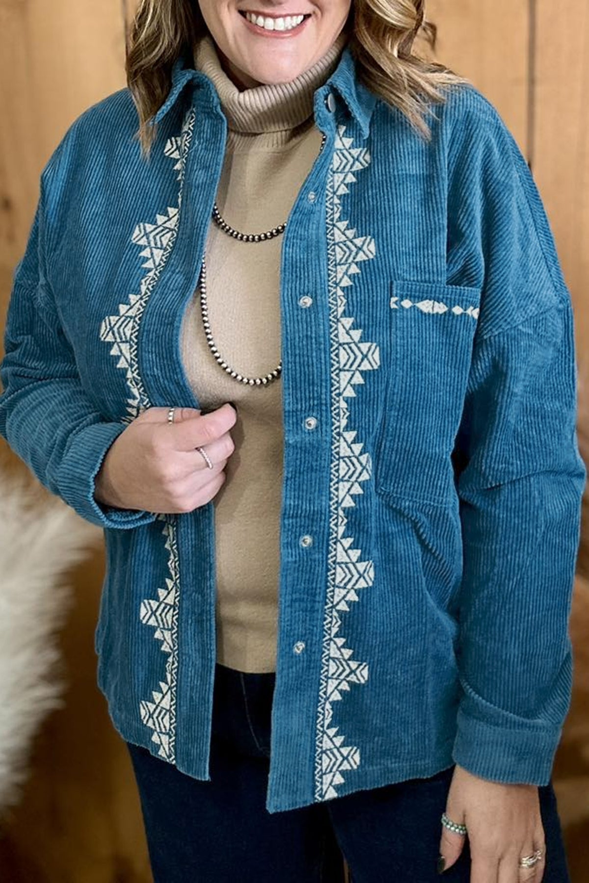 Blue Embroidered Corduroy V-Neck Long Sleeve Plus Size Shirt