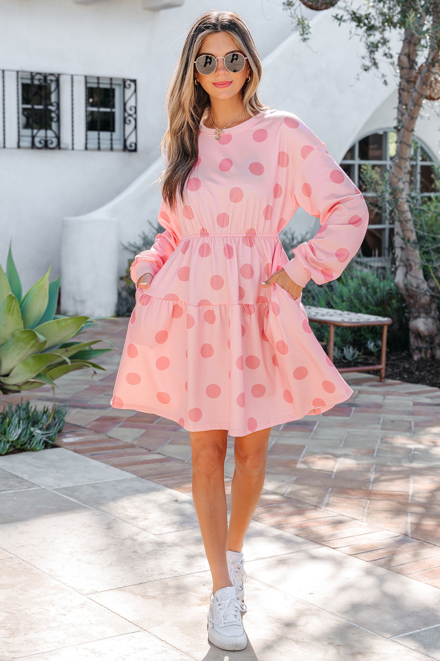 Pink Polka Dot Printed Long Sleeve Flared Mini Dress-TOPS / DRESSES-[Adult]-[Female]-2022 Online Blue Zone Planet