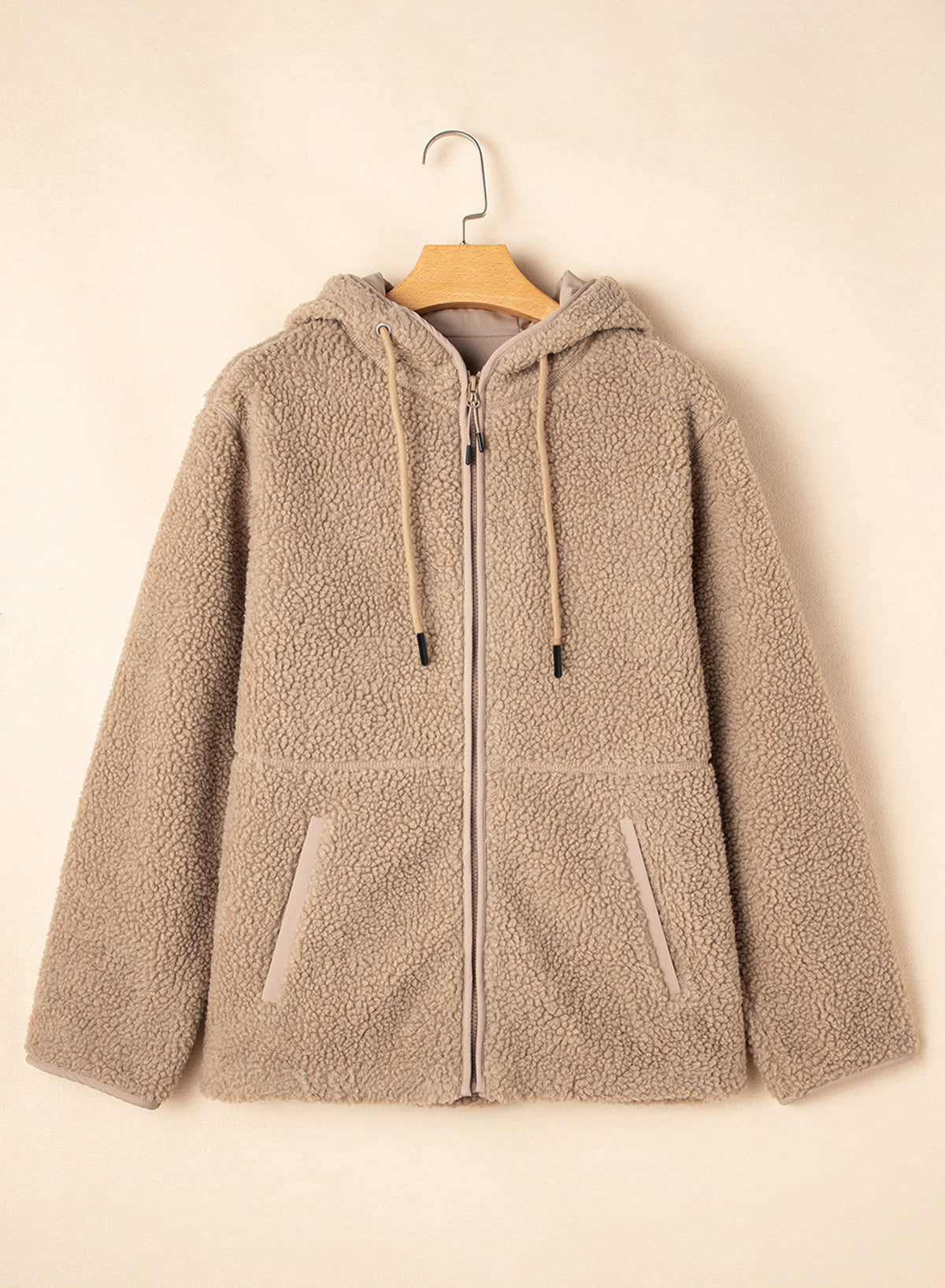 Blue Zone Planet | Pale Khaki Fleece Zip Up Drawstring Hooded Pocketed Jacket-Tops / Dresses-[Adult]-[Female]-2022 Online Blue Zone Planet
