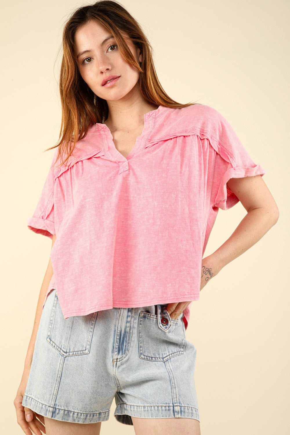 VERY J Nochted Short Sleeve Washed T-Shirt-TOPS / DRESSES-[Adult]-[Female]-Pink-S-2022 Online Blue Zone Planet