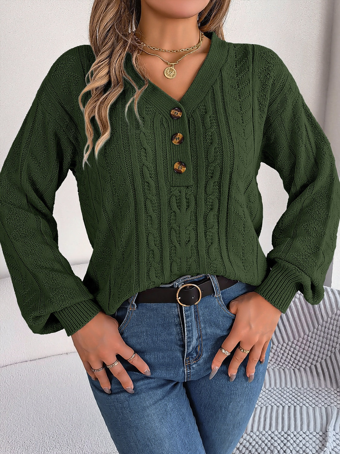 Cable-Knit V-Neck Long Sleeve Sweater-TOPS / DRESSES-[Adult]-[Female]-Army Green-S-2022 Online Blue Zone Planet