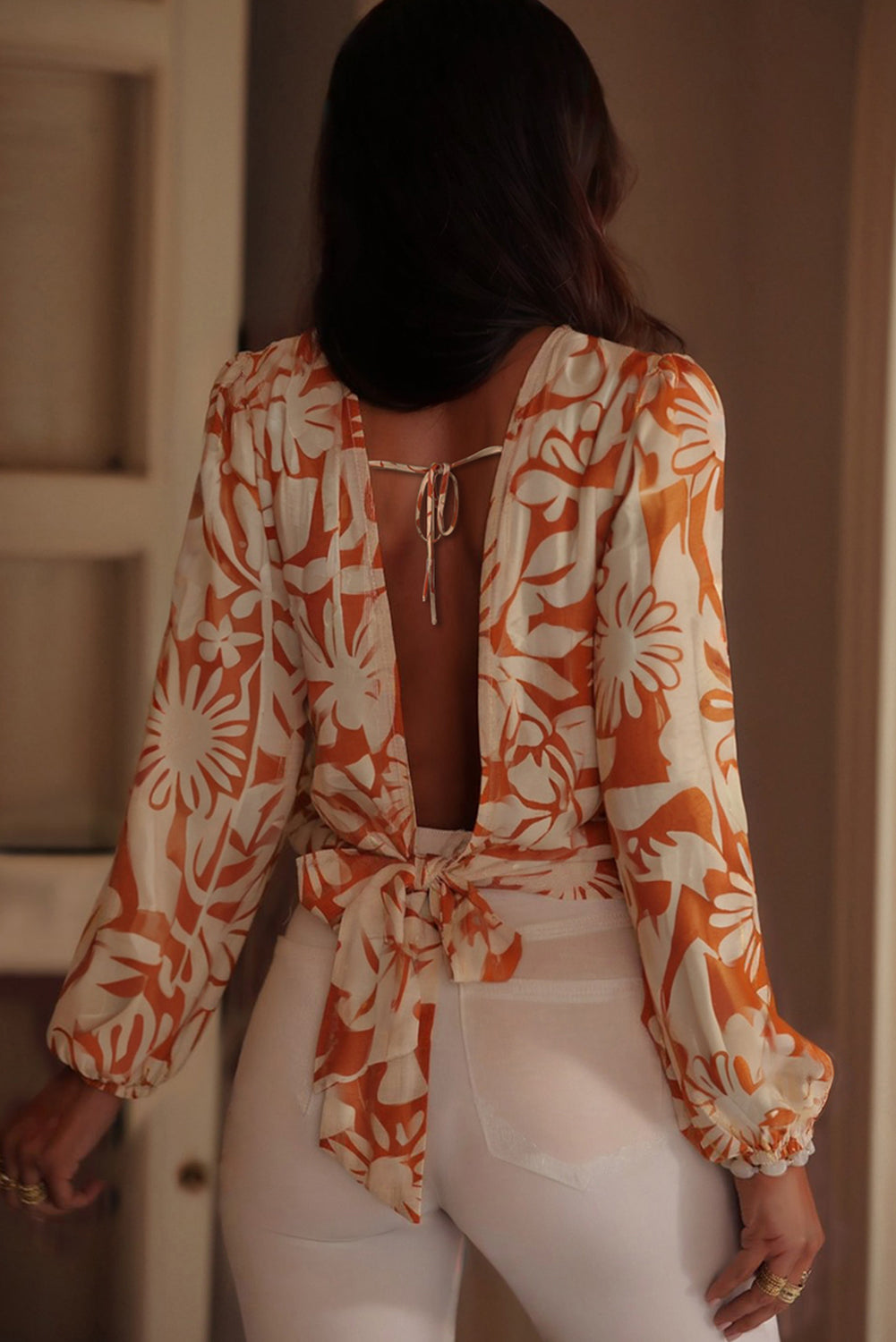 Orange Floral Print Knotted Open Back Long Sleeve Blouse-Tops/Blouses & Shirts-[Adult]-[Female]-2022 Online Blue Zone Planet