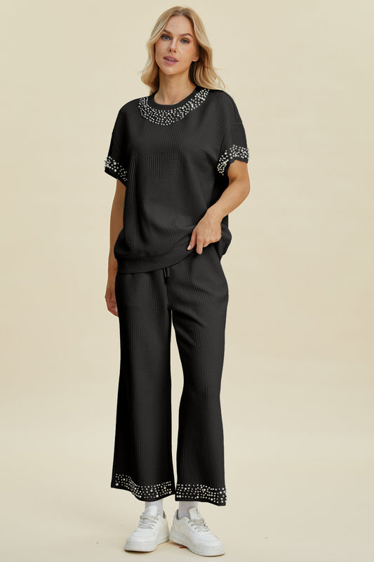 Blue Zone Planet | Double Take Full Size Pearl Detail Round Neck Top and Pants Set-TOPS / DRESSES-[Adult]-[Female]-Black-S-2022 Online Blue Zone Planet