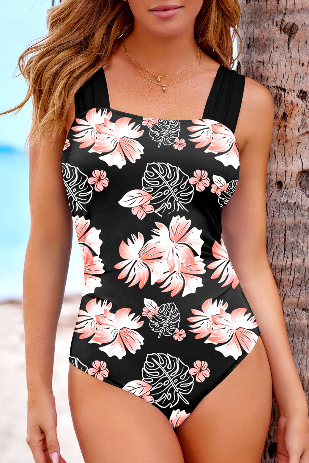 Black Floral Print Square Neck Ruched Tommy Control One Piece Swimsuit-Swimwear/One Piece Swimsuit-[Adult]-[Female]-Black-S-2022 Online Blue Zone Planet
