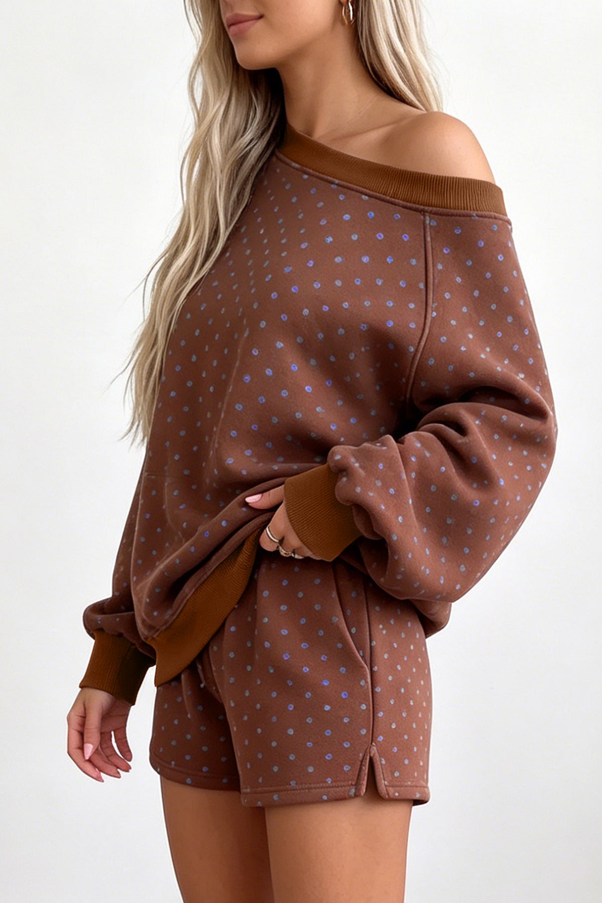 Brown Polka Dot Relaxed Long Sleeve Top Drawstring Shorts 2pcs Sets