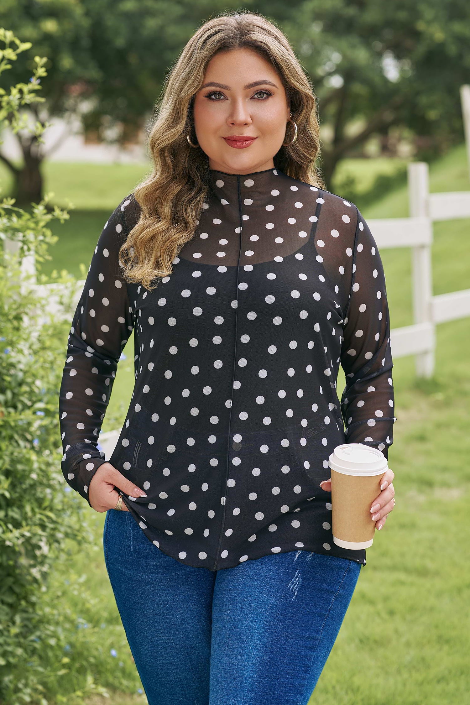 Black Plus Size Mock Neck Polka Dot Long Sleeve Mesh Top-Plus Size/Plus Size Tops/Plus Size Long Sleeve Tops-[Adult]-[Female]-2022 Online Blue Zone Planet